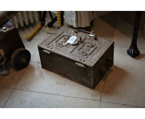 ***ADDITIONAL LOT***A VICTORIAN CAST IRON ARMY QUARTERMASTER STRONG BOX, with hinged top and carrying handles. 44.5cm wide, 3