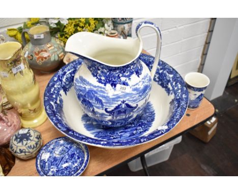 An impressive blue and white wash jug and water set by Wedgwood in the Etruria pattern
&nbsp;
Two minor chips / blemishes to 
