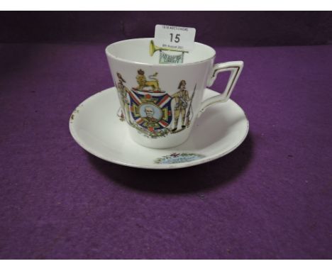 A tea cup and saucer by Foley China decorated with supporters of the colonies