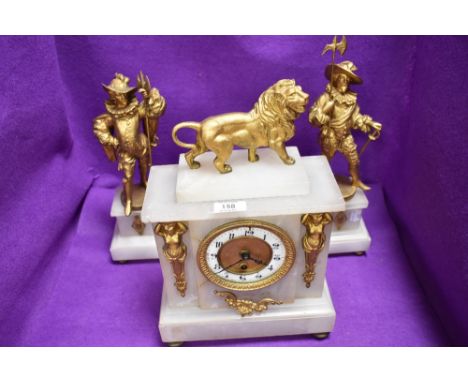 An impressive marble and ormolu mantle clock and garniture set having conquistador figures and lion topped clock