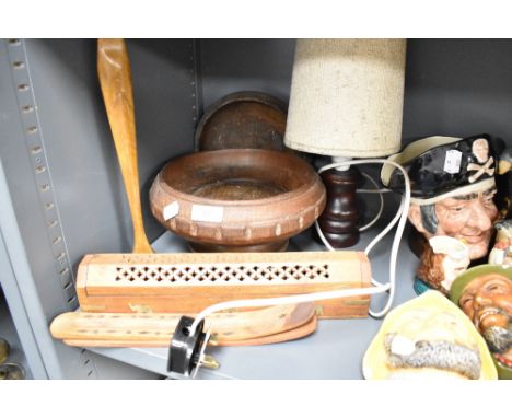 A selection of treen wood items including incense items and turned lamp base