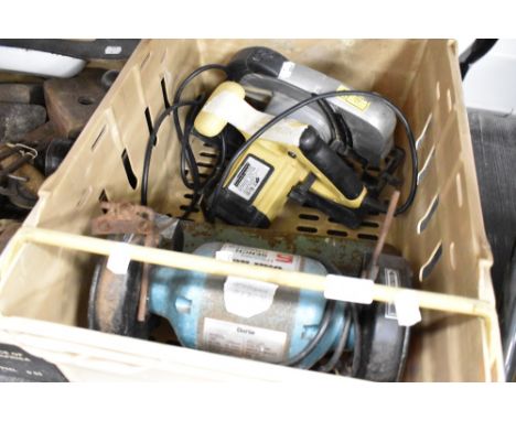 A Clarke bench mounted grinder and similar circular saw