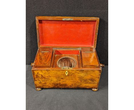 A large 19th century walnut tea caddy, raised on four pad feet, H.17.5cm W.30cm