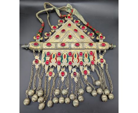 Large Bukharan Turkmen Islamic Silver with Parcel Gilding Pectoral Pendant Amulet Box Ornament, decorated with Silver Studs a