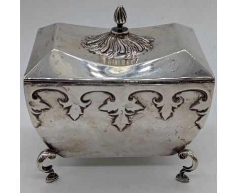 A Walker &amp; Hall silver tea caddy, Gothic style decor, raised on four stepped feet, gilt interior, hallmarked Sheffield, 1