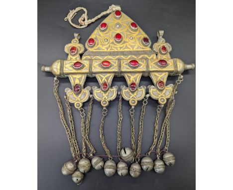 Large Bukharan Turkmen Islamic Silver with Parcel Gilding Pectoral Pendant Amulet Box Ornament, decorated with Bells, Central
