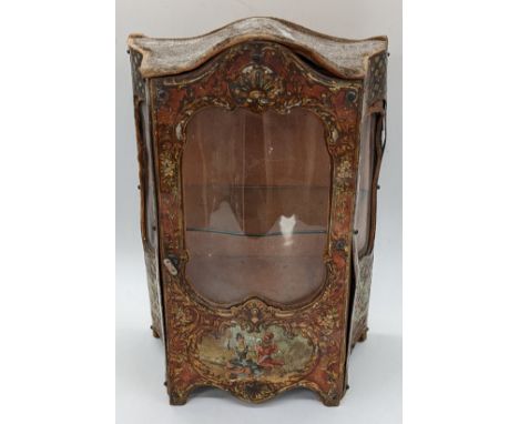 A miniature Louis XVI style vitrine, metal outer depicting scenes of musicians, instruments and floral splays, serpentine gla