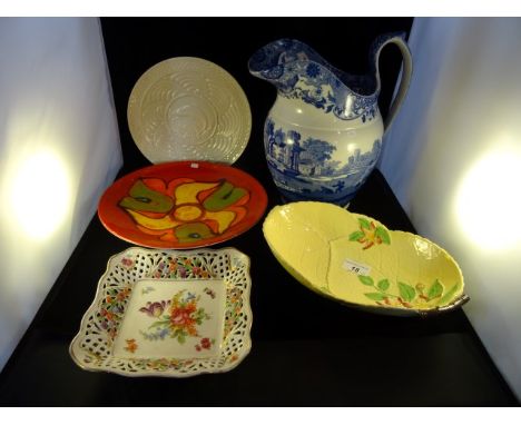 A quantity of ceramics to include: a Poole Delphis shallow bowl, a Copeland Spode Italian blue and white large jug, a square 