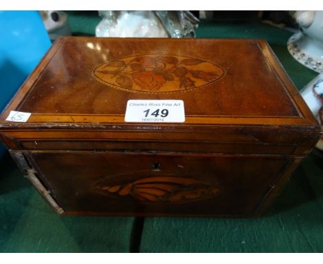 An Edwardian mahogany and inlaid tea caddy, later converted to a jewellery box, in need of restoration, 21cm x 13cm x 13cm.