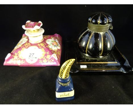 A collection of three 19th century and later inkwells, to include: a Continental hand painted example of square form, a ceram