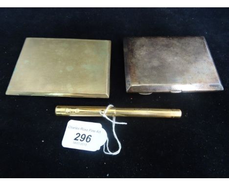 A yellow metal cigarette case with engine turned decoration, together with a silver cigarette case, also with engine turned d