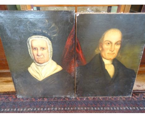 Two 19th century unframed oils on canvas, portrait of a gentleman and a lady, 68cm x 49xm. 