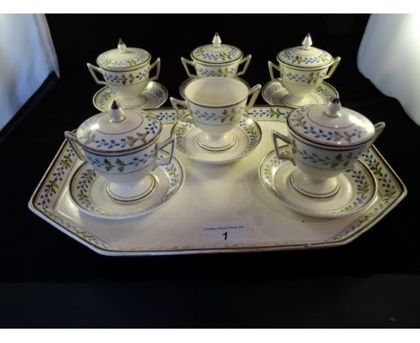 A 19th century Wedgwood creamware chocolate set, comprising: six cups (five with covers), six saucers and an oval hexagonal t