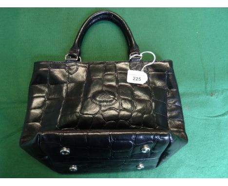 A ladies Mulberry black leather 'crocodile skin' handbag with tartan lining and single zip internal pocket, zip closing to to