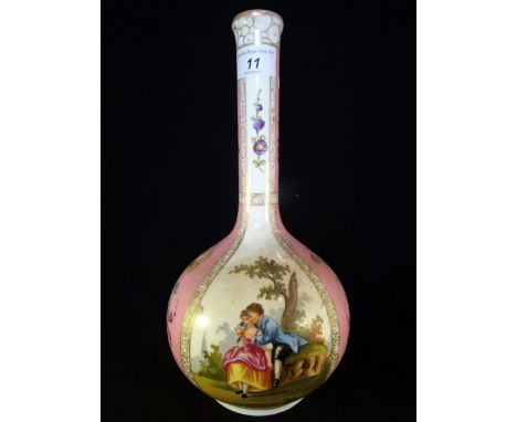 A Continental Dresden-style bottle vase with alternating pink and white ground, decorated with courting couples, floral spray