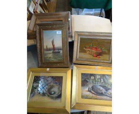 A quantity of pictures and prints, to include a watercolour of sailing boats and other items of various mediums, all in gilt 