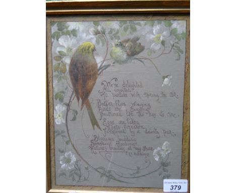 Pencil and watercolour, a poem, hand written by CHC Baldwyn, celebrating spring, with two birds perched in branches, signed, 