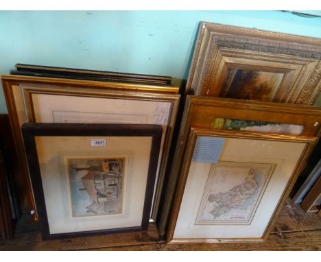 A collection of pictures and prints, to include: a hand coloured engraved map of Cumberland, several landscapes in watercolou