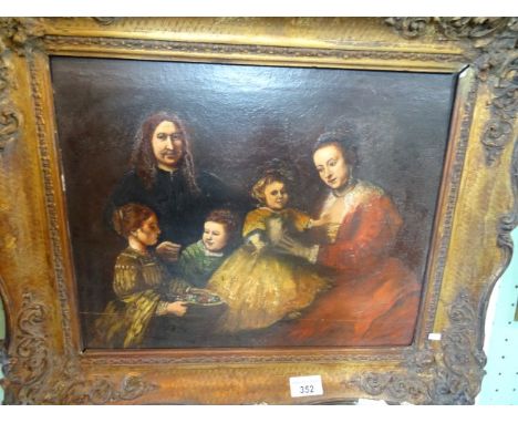 Oil on board, a portrait of a family in 18th century dress, unsigned, 32cm x 40cm in gilt frame.