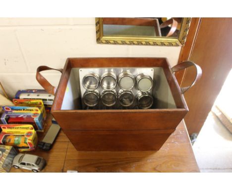 A magnetic spice rack together with a leather mounted container; three paperweights; bird ornaments