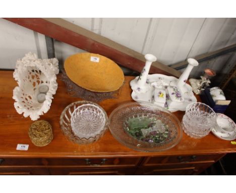 A floral decorated dressing table set; together with various glassware; a Royal Worcester egg coddler etc. 