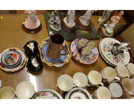 Two heart shaped trinket boxes together with various plates; a copper lustre jug etc.
