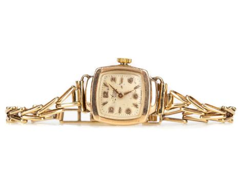 LADY'S AVIS NINE CARAT GOLD MANUAL WIND WRIST WATCH,the square cream dial with applied baton and Arabic hour markers, outer s