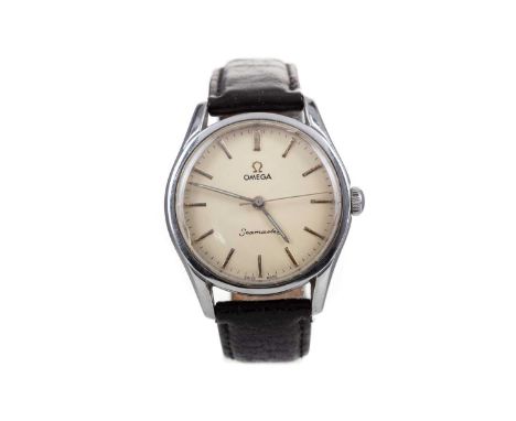 GENTLEMAN'S OMEGA SEAMASTER STAINLESS STEEL MANUAL WIND WRIST WATCH,the round cream dial with applied baton hour markers, out