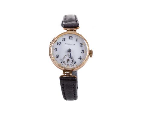 LADY'S ROLWATCO NINE CARAT GOLD MANUAL WIND WRIST WATCHthe round white enamel dial with Arabic hour markers, dot outer second