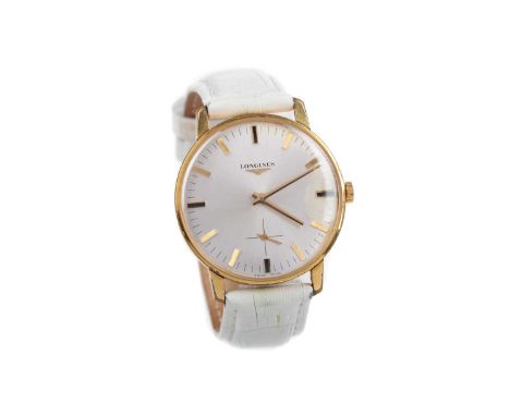 LONGINES GOLD PLATED MANUAL WIND WRIST WATCH,the round white dial with applied baton hour markers, outer seconds track in bla