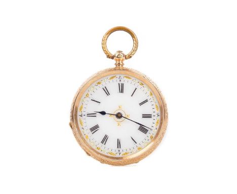 LADY'S GOLD OPEN FACE FOB WATCH,the round enamel dial with Roman hour markers, outer railroad seconds track in black, foliate