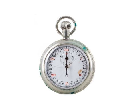 MILITARY ISSUE STAINLESS STEEL STOPWATCH,the round white dial with black and red Arabic markers, outer railroad track in blac