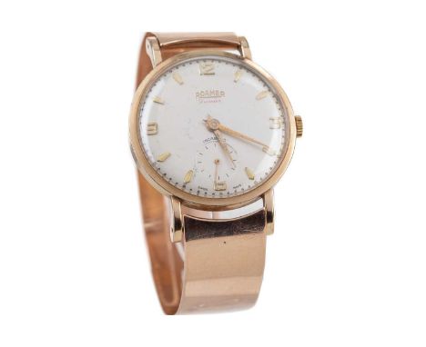 GENTLEMAN'S ROAMER NINE CARAT GOLD MANUAL WIND WRIST WATCH,the round cream dial with applied wedge and Arabic hour markers, d