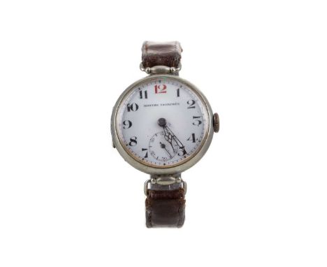 GENTLEMAN'S STAINLESS STEEL TRENCH WATCH,the round enamel dial with Arabic hour markers, outer railroad seconds track in blac