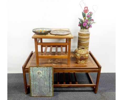A group of vintage ceramics with two tile topped teak coffee tables.