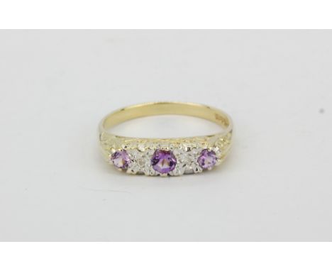 A 9ct yellow gold amethyst and diamond set ring, (O).