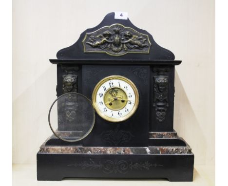 A large 19th Century French slate mantel clock, H.52cm.
