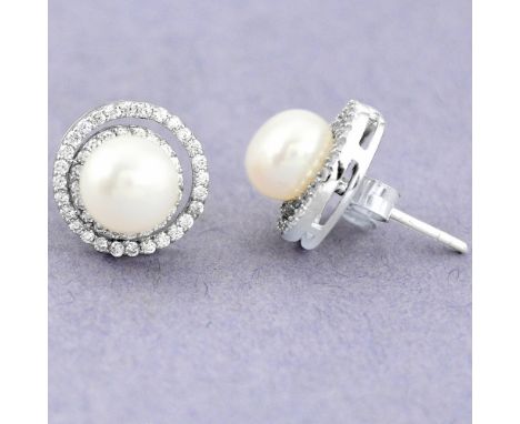 A pair of 925 silver pearl and white stone set earrings, Dia. 1.3cm.