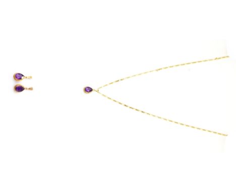 A 9ct yellow gold amethyst set pendant and chain and matching pair of earrings, L. 1.8cm.
