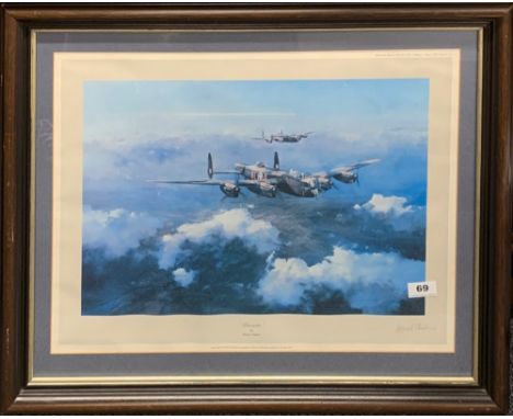 A pencil signed framed print 'Lancaster' by Robert Taylor first edition signed by group captain Leonard Cheshire VC, DSO, DFC