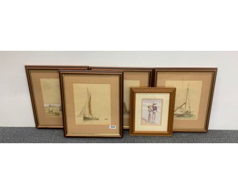 John Cotgrove (British) four framed lithographs of Thames sailing boats, frame size 35 x 41cm, together with a framed print o