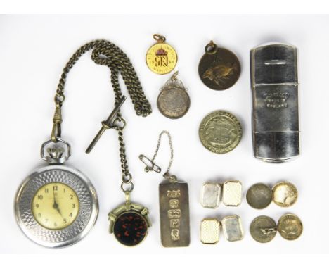 A vintage lighter, a vintage pocket watch, silver thrupenny coins, etc.