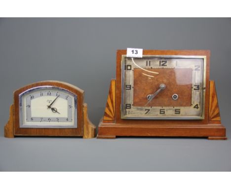 An Art Deco inlaid mantel clock and a further mantel clock, H.23cm.