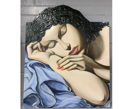 An unusual oil on board textured portrait of a young women initialled D. J. P., 61 x 74cm.