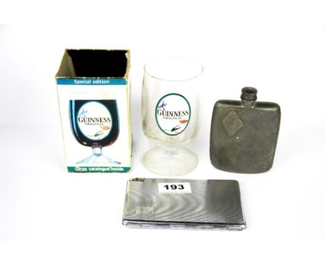 An Art Deco chromium plated cigarette case with integral lighter with a pewter hip flask and an original Guinness glass.