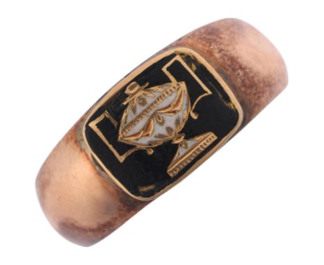 A Georgian 9ct rose gold enamel 'Urn' mourning ring, the oval enamel panel depicting funerary urn, on plain shank with closed