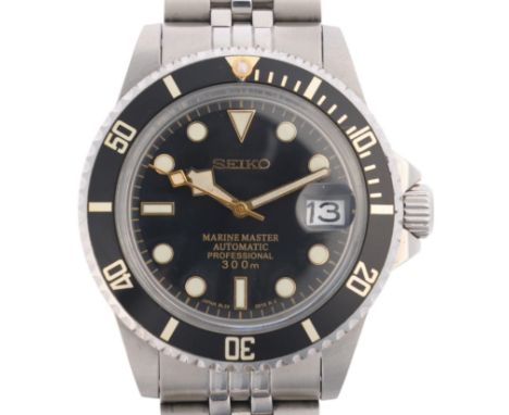 SEIKO - a Custom Mod stainless steel Marine Master automatic calendar bracelet watch, black dial with gilt dot and baton hour