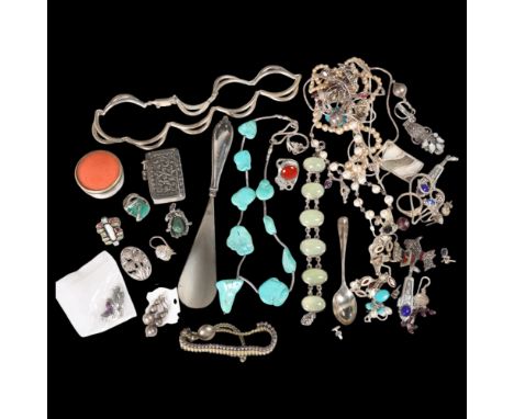 Various silver jewellery, including Links Of London bracelet, gem set ring, turquoise necklace, Indian Vesta case, etc . Cond