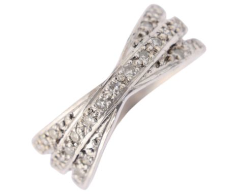 A 9ct white gold diamond triple band ring, maker AL, London 2001, set with single-cut diamonds, setting height 7.6mm, size M,