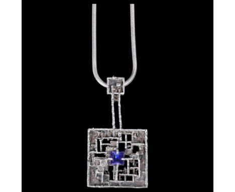 HERMANN SIERSBOL - a Danish brutalist sterling silver purple paste abstract pendant necklace, textured openwork decoration on